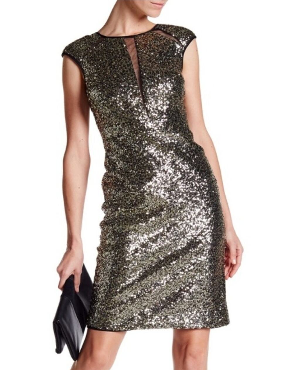 Nicole Miller Sexy Sequin Illusion Gold Sheer Cocktail Party Mini Dress Size 8